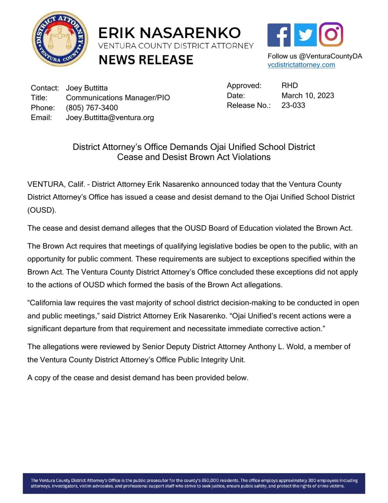 District Attorney issues ???cease and desist??? to OUSD for allegations of