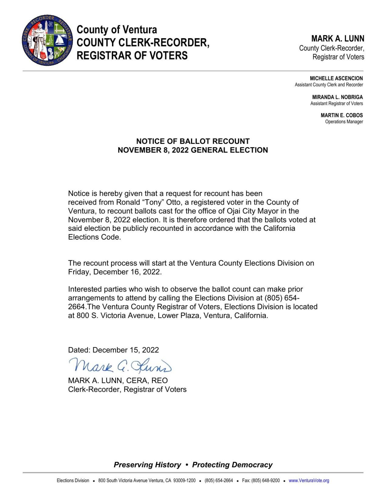 Full amount for Ojai Mayor’s race recount paid News