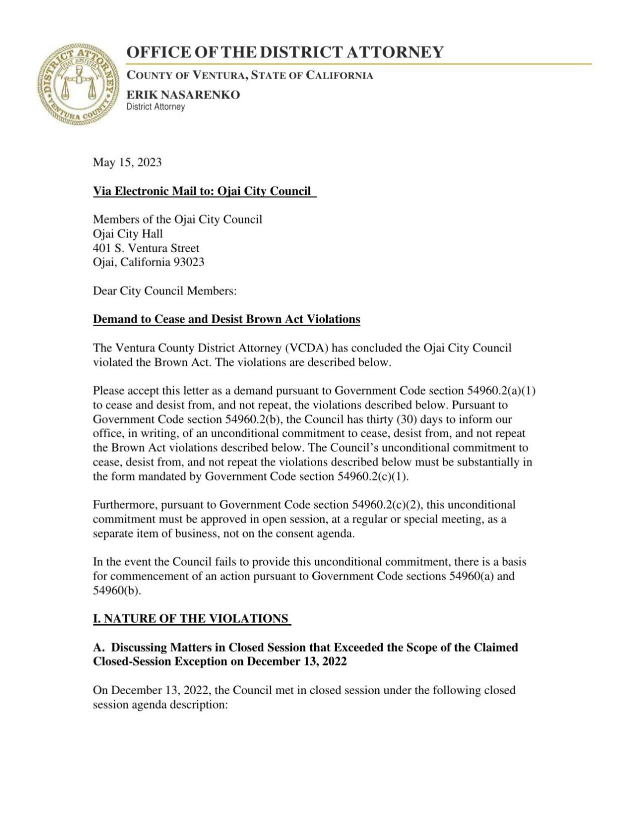 Da Demands Ojai City Council Cease And Desist Brown Act Violations Government 5774