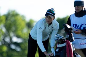 Lexi Thompson, of Delray Beach, Florida, prepares to tee off during the first round of the LPGA Queen City Championship at