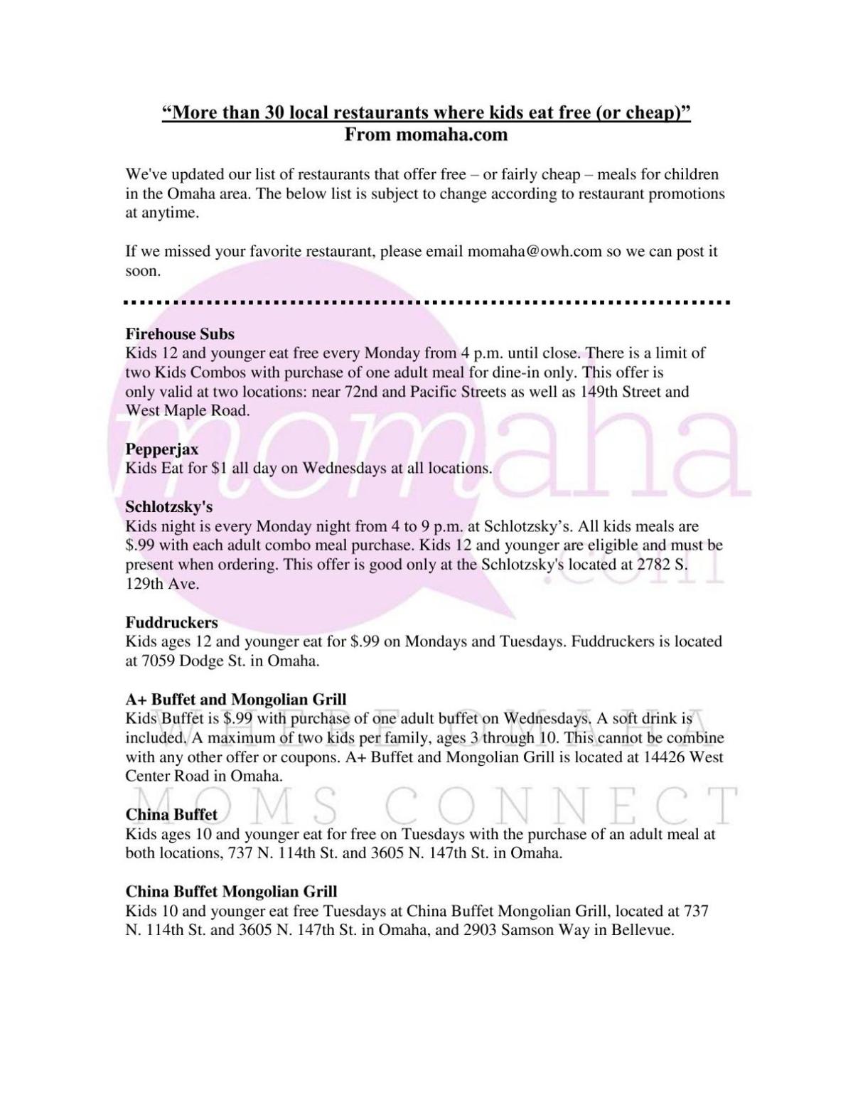 When All Kids Eat For Free >> Printable Pdf More Than 30 Local Restaurants Where Kids Eat Free When All Kids Eat For Free >> Printable Pdf More Than 30 Local Restaurants Where Kids Eat Free