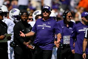 Sep 20, 2025; Fort Worth, Texas, USA; TCU Horned Frogs head coach Sonny Dykes reacts to a penalty during the first half against the SMU Mustangs at Amon G. Carter Stadium. Mandatory Credit: Jerome Miron-Imagn Images