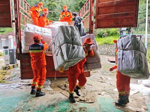 Rescue workers carry relief supplies following a mudslide, in Gyirong county