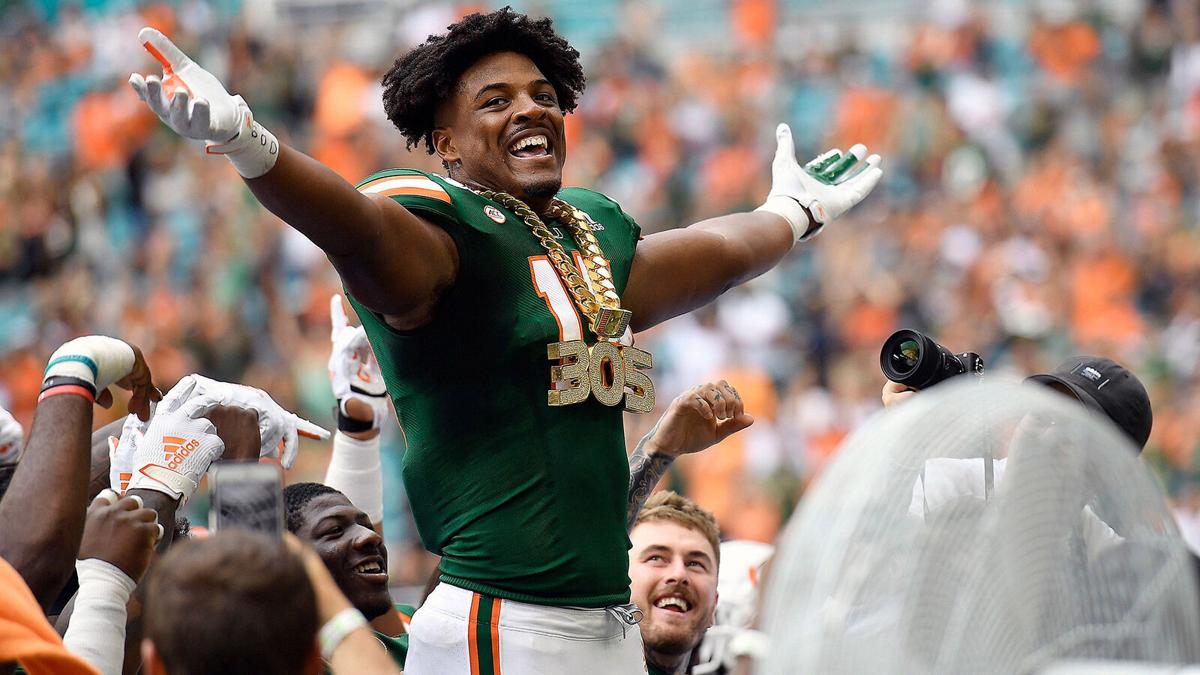 University of Miami defensive end Gregory Rousseau wears the turnover chain during a 2019 game against Central Michigan.