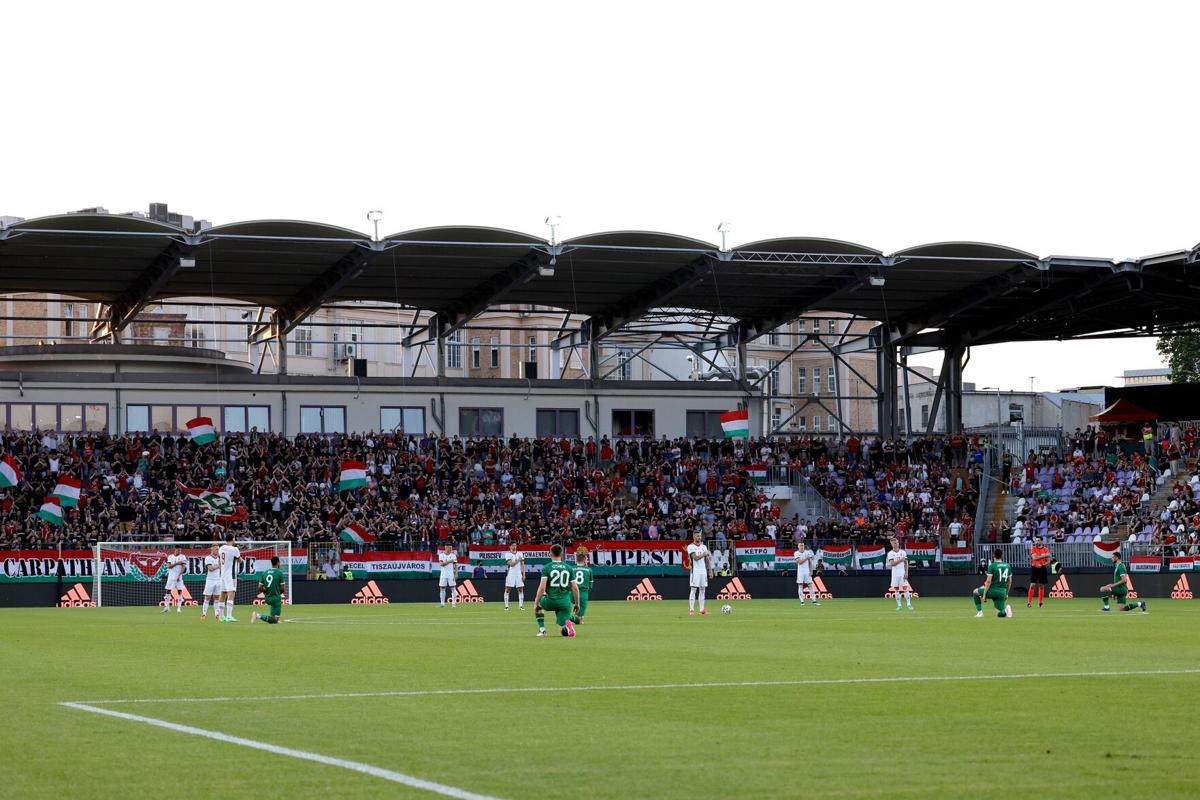 Players from the Republic of Ireland take a knee in support of the Black Lives Matter movement prior to an international friendly against Hungary at Szusza Ferenc Stadion on Tuesday, June 8, 2021 in Budapest, Hungary.