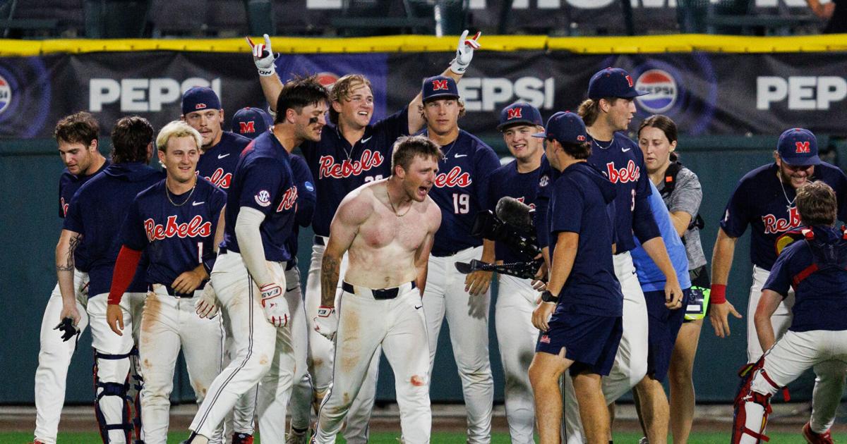 Ole Miss baseball players celebrating their walk-off win over ASU