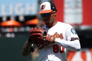 Aug 10, 2025; Baltimore, Maryland, USA; Baltimore Orioles outfielder Jordyn Adams (80) looks on before a game against the Athletics at Oriole Park at Camden Yards. Mandatory Credit: Daniel Kucin Jr.-Imagn Images