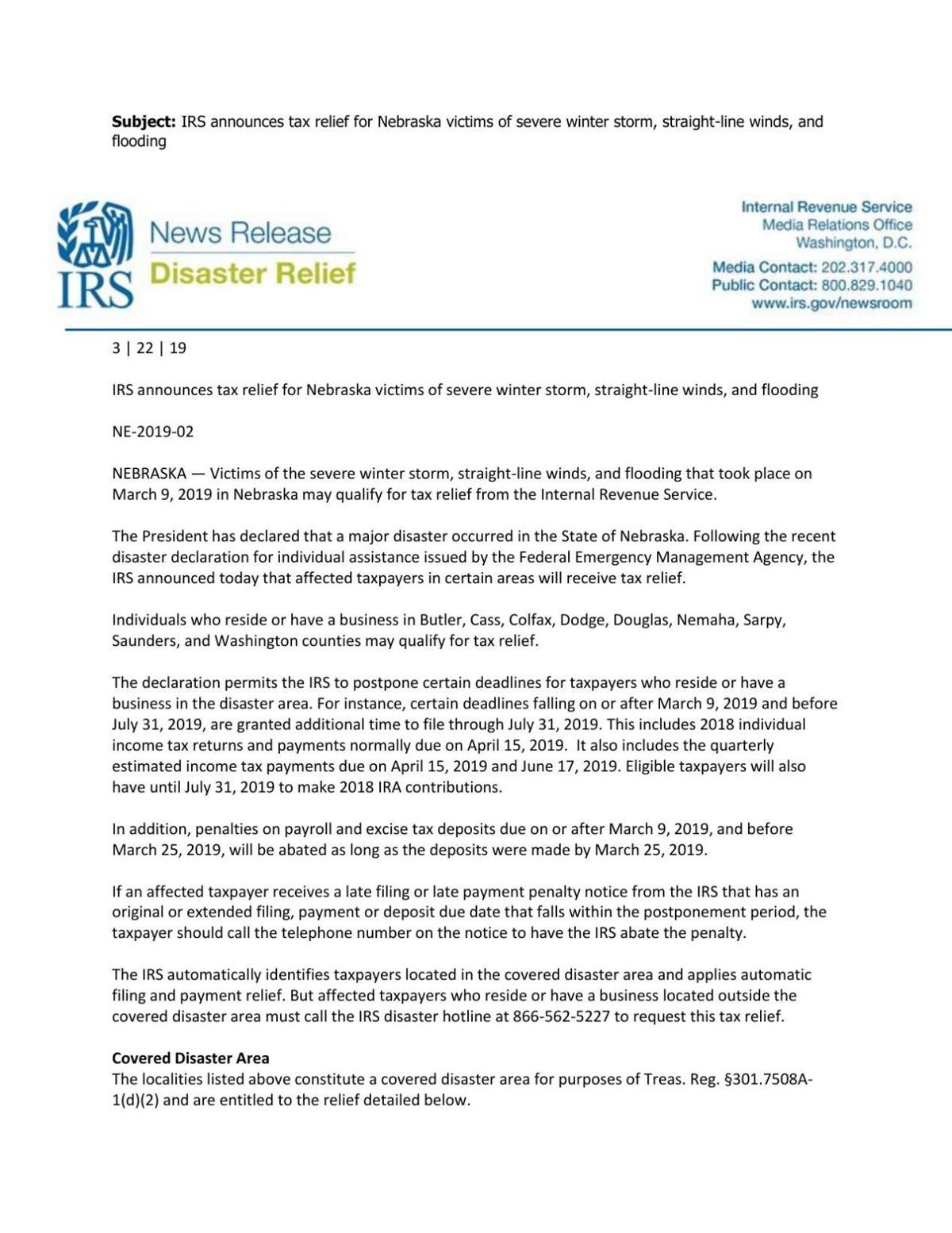 Irs Press Release On Tax Relief For Disaster Victims Omaha Com