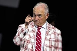 Texas Tech head coach Joey McGuire points at one of his players during Big 12 media days on Tuesday, July 7, 2026, at The Star in Frisco, Texas.