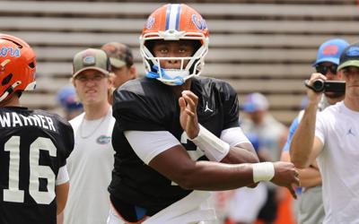 Florida quarterback D.J. Lagway throws during practice at Ben Hill Griffin Stadium on Aug. 2, 2025, in Gainesville, Florida.