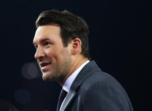 CBS announcer Tony Romo following the AFC championship game between the New England Patriots against the Jacksonville Jaguars on Jan. 21, 2018, at Gillette Stadium in Foxborough, Massachusetts.