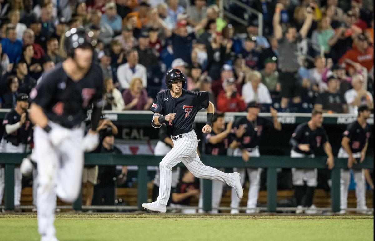 Texas Tech's Josh Jung (16) runs to home plate on his solo home run against  Arkansas in the sixth inning of an NCAA College World Series baseball game  in Omaha, Neb., Monday