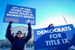 Demonstrators rally outside of the Supreme Court as the justices hear oral arguments in two cases related to transgender athlete participation in sports in Washington, DC, on Jan. 13, 2026. The cases, Little v. Hecox and West Virginia v. B.P.J., seek