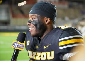 Nov 15, 2025; Columbia, Missouri, USA; Missouri Tigers running back Ahmad Hardy (29) speaks to media after the win over the Mississippi State Bulldogs at Faurot Field at Memorial Stadium.
