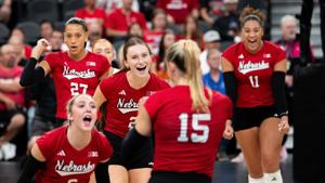 Justin Frommer reacts to Nebraska volleyball's sweep of UNLV