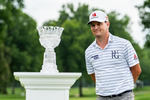 Zach Johnson speaks during the trophy presentation after winning the Kaulig Companies PGA Championship Final Round, July 12,