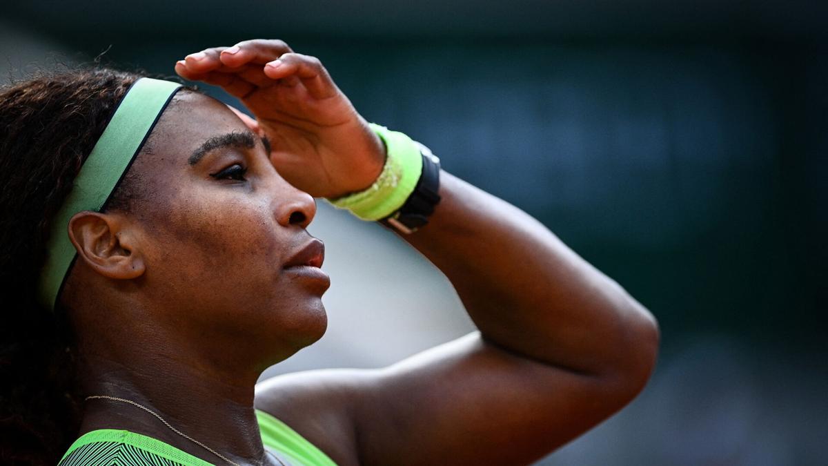 Serena Williams of the U.S. reacts as she plays against Kazakhstan's Elena Rybakina during their women's singles fourth round tennis match on Day 8 of The Roland Garros 2021 French Open tennis tournament in Paris on Sunday, June 6, 2021.