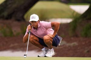 Charlie Woods lines up his putt on the 14th hole during the first round of the 2026 Junior Players Championship.