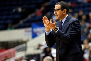 Mar 7, 2015; Richmond, VA, USA; Dayton Flyers head coach Jim Jabir reacts on the sidelines against the Duquesne Lady Dukes in the first half of a semifinal game in the Atlantic 10 Conference Women's Tournament at Richmond Coliseum. The Flyers won 74-