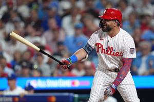 Philadelphia Phillies designated hitter Kyle Schwarber bats during the third inning for the All-Star Game earlier this month at Citizens Bank Park in Philadelphia. He is leading the National League in home runs for the third time in five years and pa