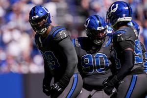 Indianapolis Colts defensive tackle DeForest Buckner (99) reacts after a stop on downs Sunday, Sept. 27, 2026, during a game