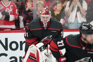 Carolina Hurricanes goaltender Frederik Andersen (31) warms up before Game 5.