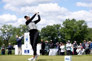 Nelly Korda, of Bradenton, Florida, tees off during the first round of the LPGA Queen City Championship at Maketewah Country