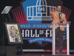 Pro Football Hall of Famer Drew Brees gives his Enshrinement speech during the Pro Football Hall of Fame induction ceremony at