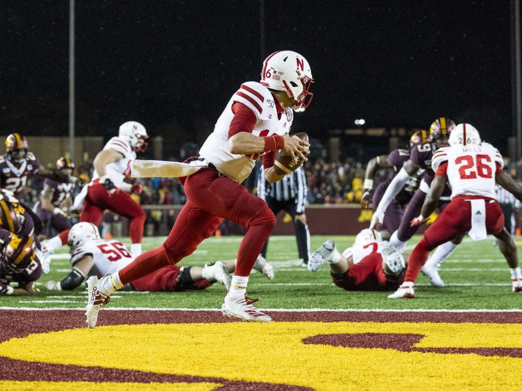 Noah Vedral of the Nebraska Cornhuskers warms up before the game