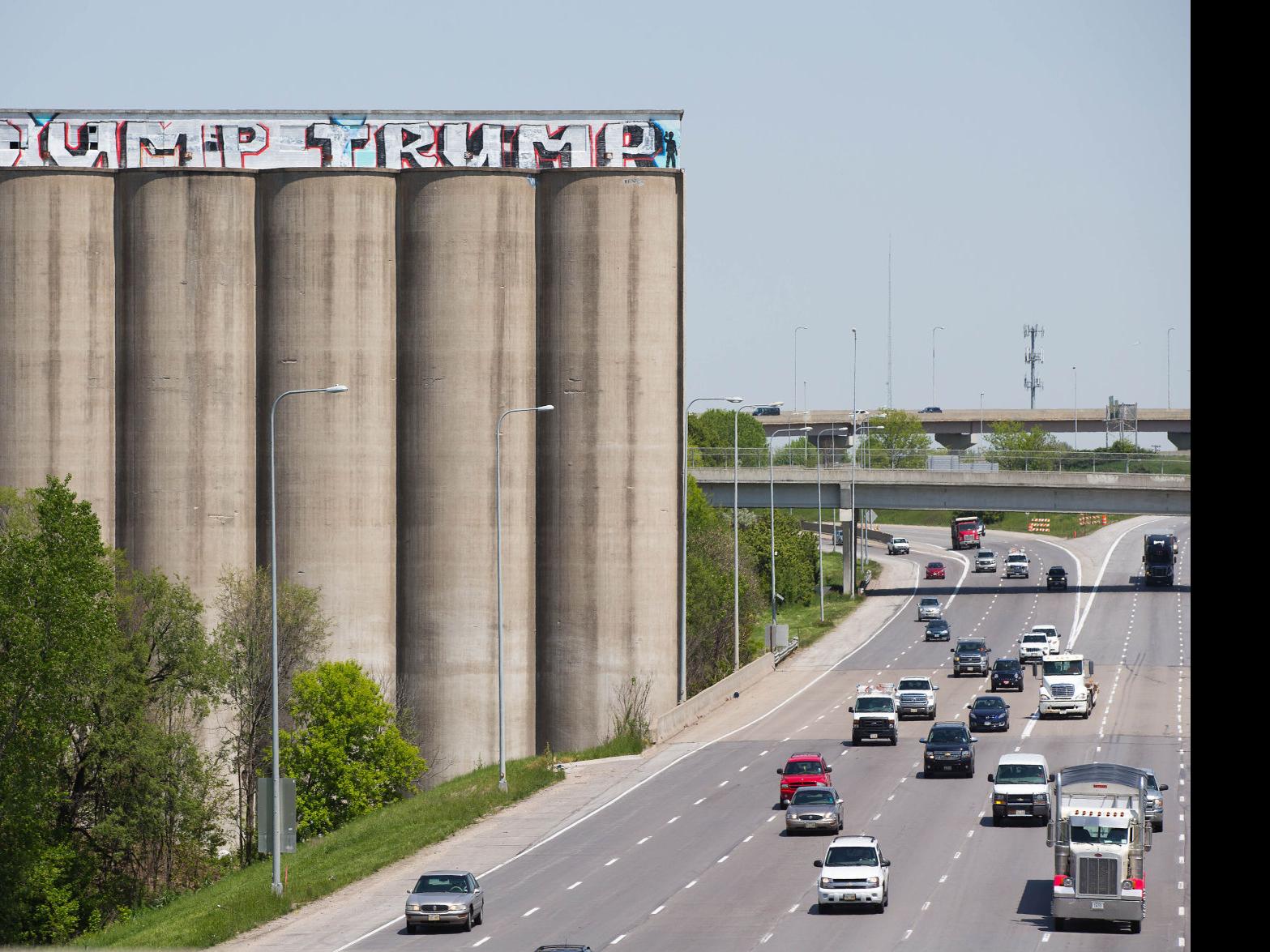 Ahead Of Omaha Rally Dump Trump Graffiti Appears Atop Grain Elevator Flanking I 80 State And Regional News Omaha Com