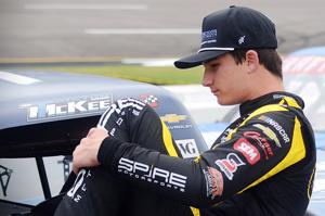 Tristan McKee exits his No. 77 Spire Motorsports Chevrolet on pit road at Richmond Raceway after finishing eighth in his debut race in NASCAR's Craftsman Truck Series on Aug. 15, 2026.
