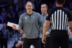 BYU Cougars head coach Kevin Young reacts during the game against Kansas State Wildcats inside Bramlage Coliseum on Jan. 3, 2026.