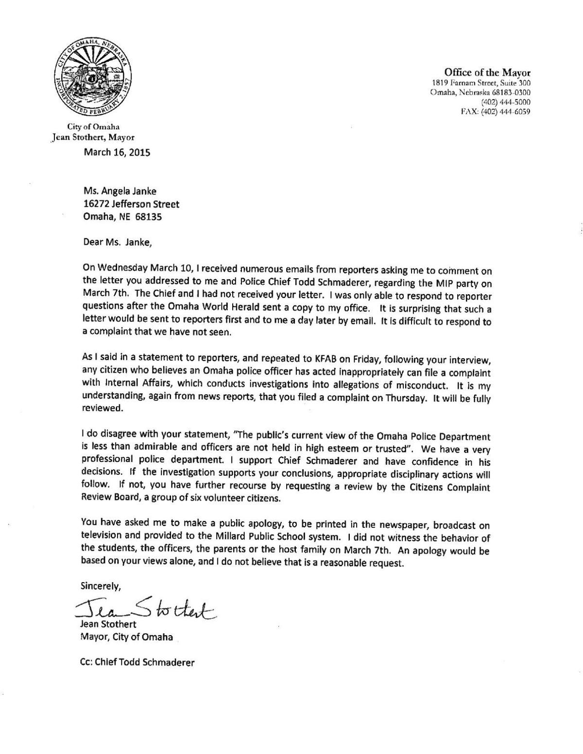 Read Mayor Jean Stothert's letter to Angela Janke ...