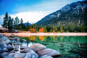 Fall colors can be seen at Lake Tahoe in Sierra Nevada, California.