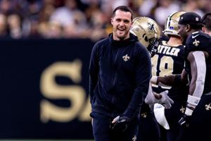 New Orleans Saints quarterback Derek Carr (4) after a touchdown against the Washington Commanders during the second half at Caesars Superdome.