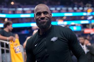 LeBron James (23) walks off the court following a Los Angeles Lakers game against the Golden State Warriors on April 9, 2026.
