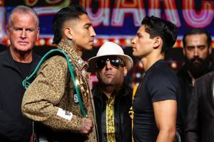 Mario Barrios and Ryan Garcia pose during a press conference ahead of their fight at AVALON Hollywood on January 22, 2026, in Los Angeles, California.
