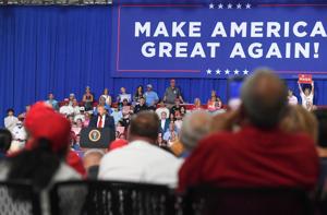 President Donald Trump speaks during the campaign event for U.S. Sen. Darline Graham on Friday, Aug. 21, 2026 at the Myrtle