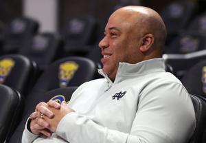Feb 21, 2026; Pittsburgh, Pennsylvania, USA; Notre Dame Fighting Irish head coach Micah Shrewsberry looks on as his team warms up before the game against the Pittsburgh Panthers at the Petersen Events Center. Mandatory Credit: Charles LeClaire-Imagn 