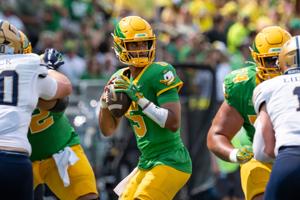 Oregon quarterback Dante Moore looks to pass during his team's game against Montana State at Autzen Stadium on Aug. 30, 2025, in Eugene, Ore.