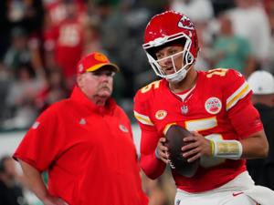Kansas City Chiefs quarterback Patrick Mahomes (15) and Kansas City Chiefs head coach Andy Reid pre game against the Jets at