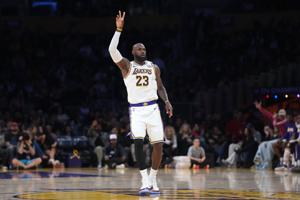 Forward LeBron James (23) gestures during a Los Angeles Lakers game against the Utah Jazz on April 12, 2026.