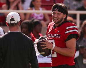 Texas Tech's Brendan Sorsby goes through warmups before the spring football game, Friday, April 17, 2026, at Jones AT&T Stadium.