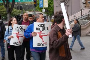 Sofi Stadium worker Alex Mejia protests with Immigrant rights advocates and labor groups outside the FIFA Los Angeles World Cup 2026 Host Committee offices on May 27, 2026.