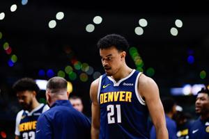 Apr 27, 2026; Denver, Colorado, USA; Denver Nuggets forward Spencer Jones (21) in the third quarter against the Minnesota Timberwolves during game five of the first round of the 2026 NBA Playoffs at Ball Arena. Mandatory Credit: Isaiah J. Downing-Ima