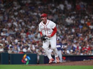 Canada relief pitcher Matt "Tugboat" Wilkinson reacts during the eighth inning against the United States during a quarterfinal game of the 2026 World Baseball Classic at Daikin Park.