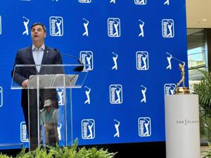 PGA Tour CEO Brian Rolapp addresses a the media, tournament sponsors and Tour employees during a news conference on March 11, 2026, at the PGA Tour Global Home in Ponte Vedra Beach, Fla.