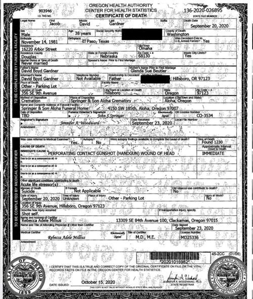 Jake Gardner death certificate