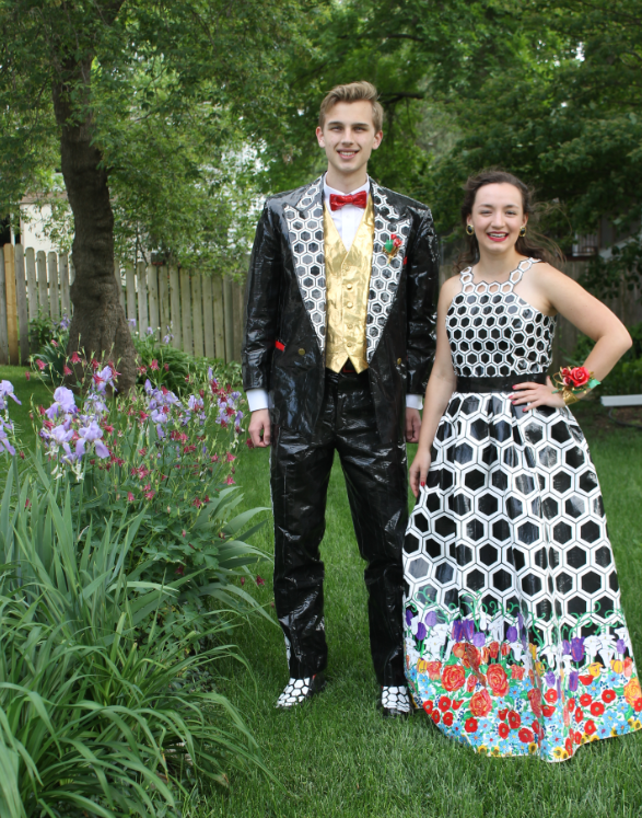 red prom dress with grey tux