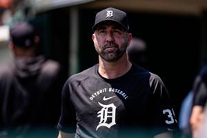Detroit Tigers pitcher Justin Verlander in the dugout during the fourth inning between Detroit Tigers and Philadelphia Phillies
